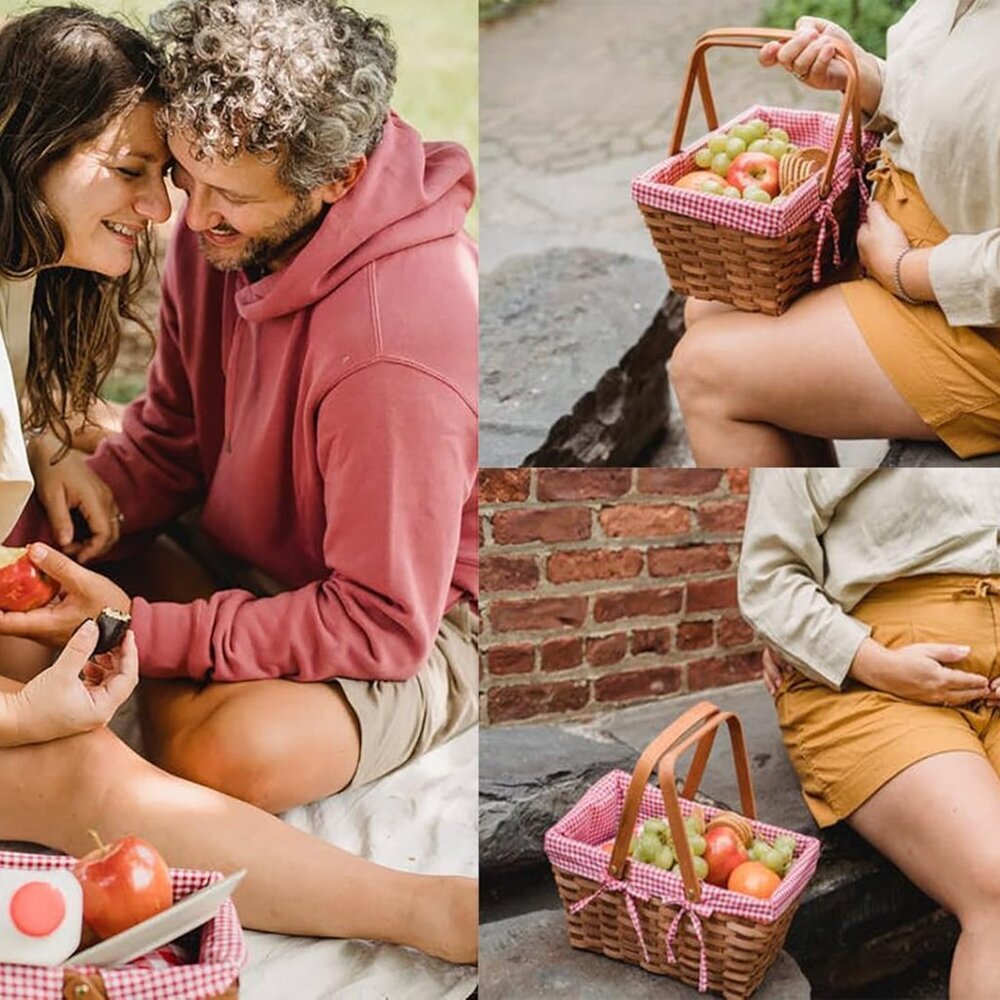 Picnic Basket, Natural Woven Basket with Double Folding Handles, Woodchip Basket - Picture 7 of 8